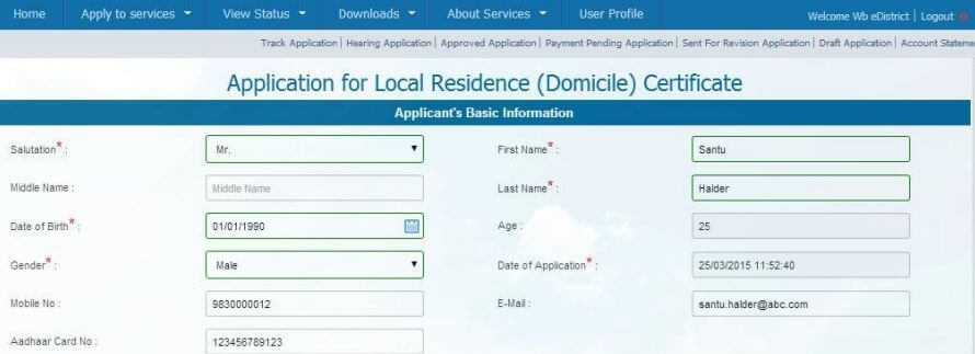 domicile certificate west bengal application form online