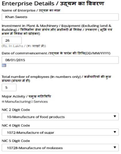 Udyog Aadhaar Online Registration Enterprise Details