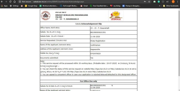 BBPM Khata Transfer Online Offline Application Bangalore Karnataka