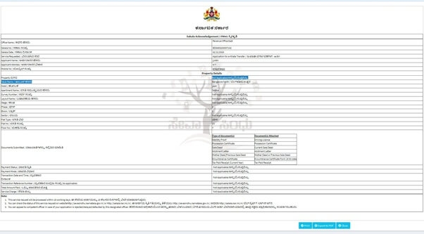 BDA Khata transfer Bangalore download Seva Sindhu Verification Acknowledgement Receipt