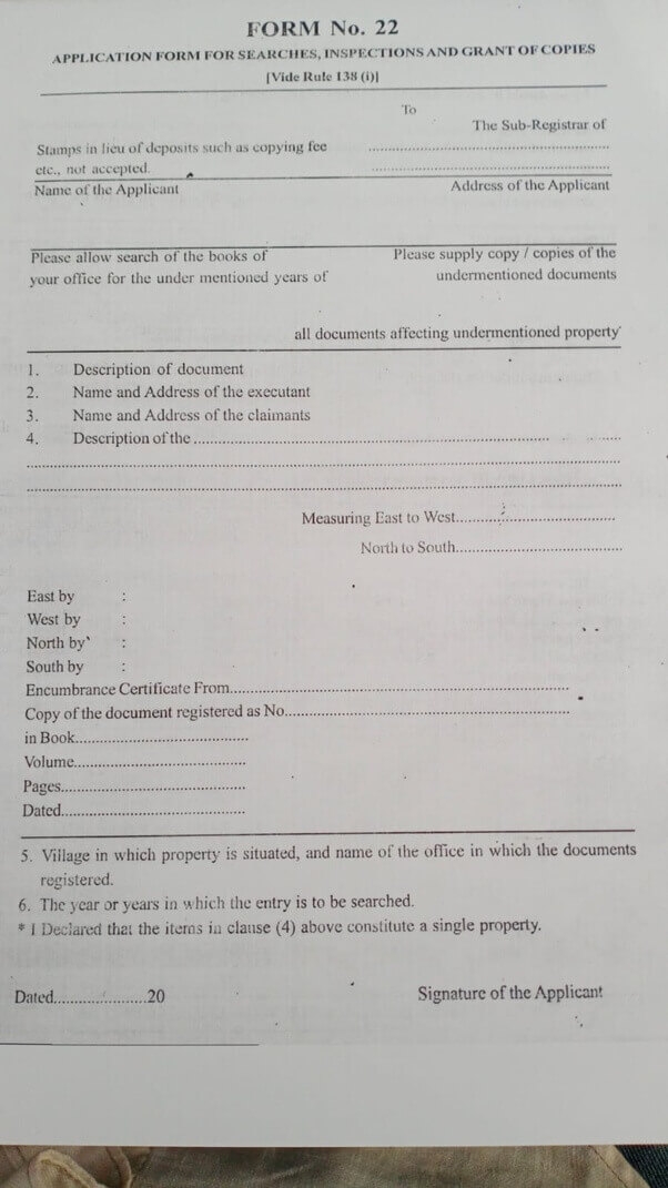 Form 22 Searches Inspection Grant of Copies Encumbrance Certificate