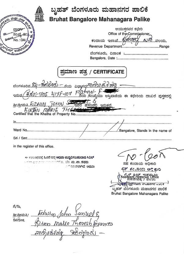 BBMP Khata Certificate Bangalore
