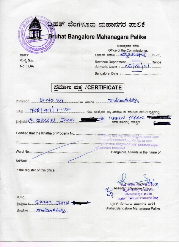 BBMP Khata certificate