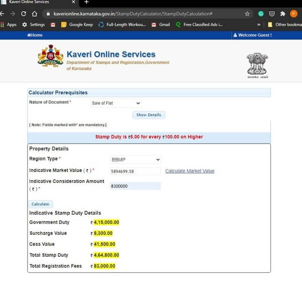 Online Stamp duty registration charges Karnataka