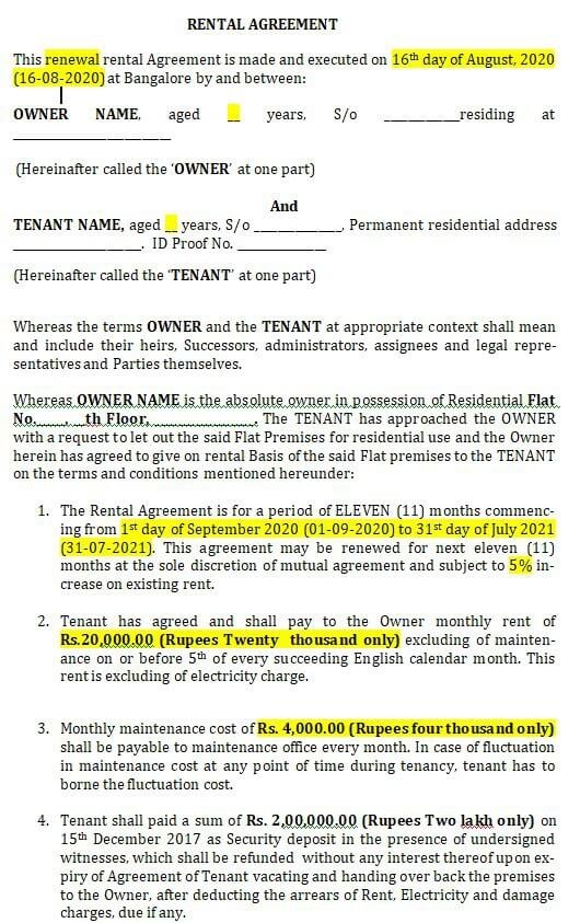 Rental Agreement Karnataka