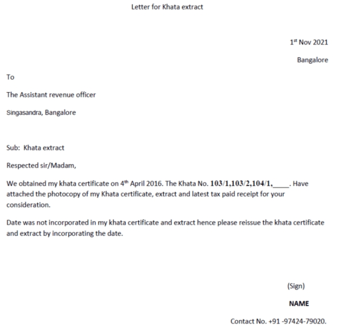 BBMP Khatha extract Requisition letter