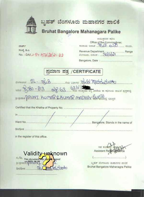 e-signed khata Bangalore Karnataka