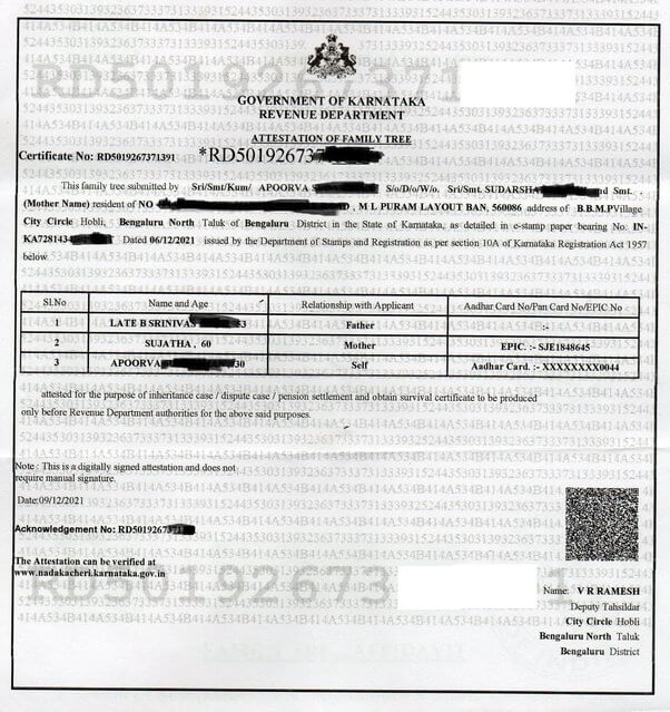 family tree certificate tahsildar
