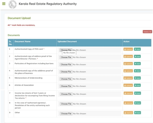 Real estate agent registration Kerala RERA documents upload