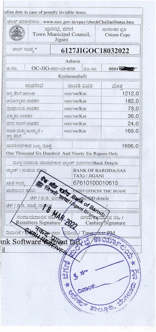 TMC tax receipt Bangalore