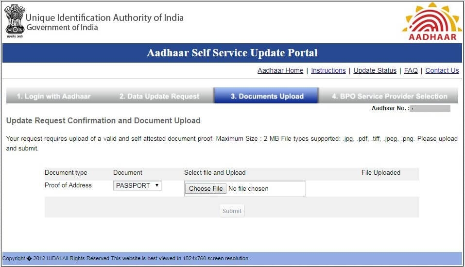 Update address online in Aadhaar UIDAI card upload documents