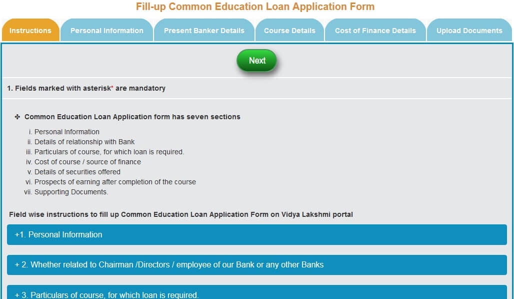 Vidya Lakshmi portal education loan application form