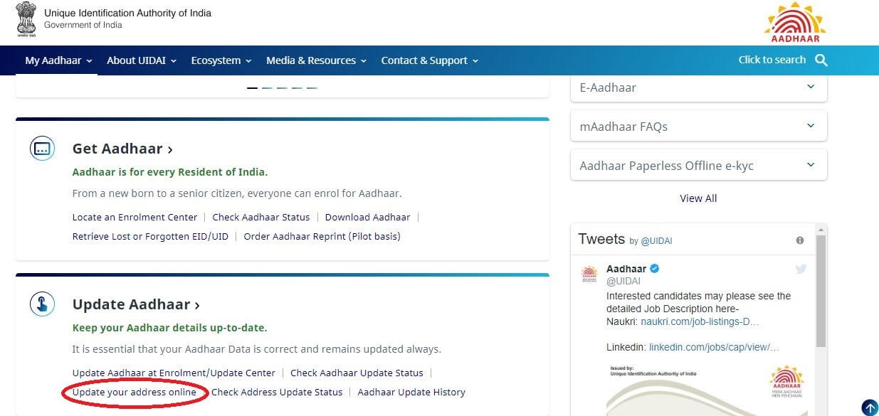UIDAI aadhaar card address update online