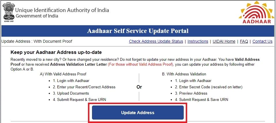 UIDAI aadhaar card address update online address proof