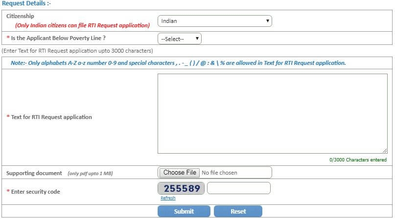 RTI karnataka online application form request