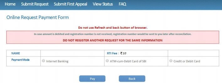 RTI karnataka online application form payment