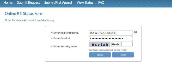 RTI karnataka online application form status registration number