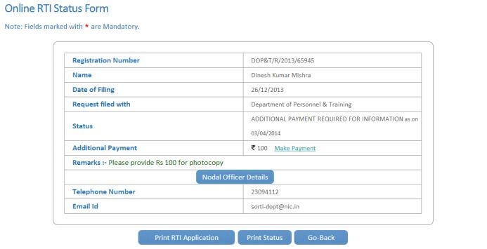 RTI karnataka online application form status payment