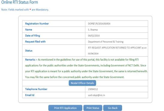 RTI karnataka online application form status return