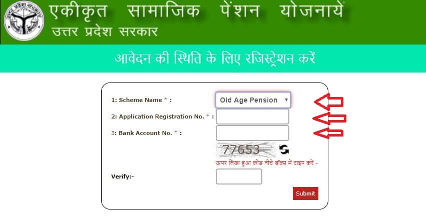 old age vridha pension online check status registration number