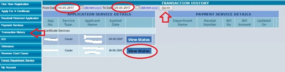 Caste Certificate Kerala Apply Online Track Status Transaction History