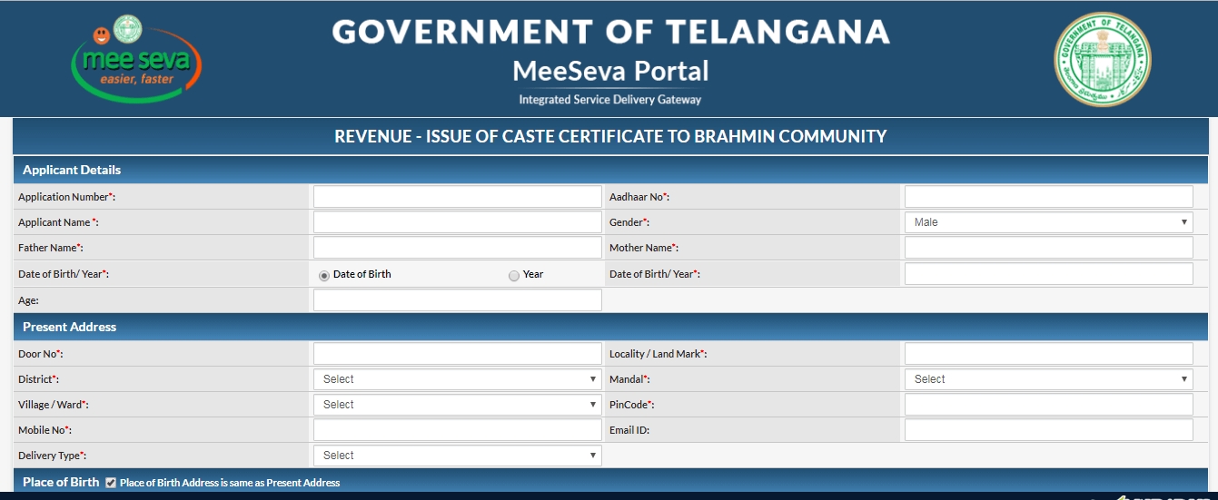  Telangana Meeseva Caste Certificate for Brahmin Community Application Form