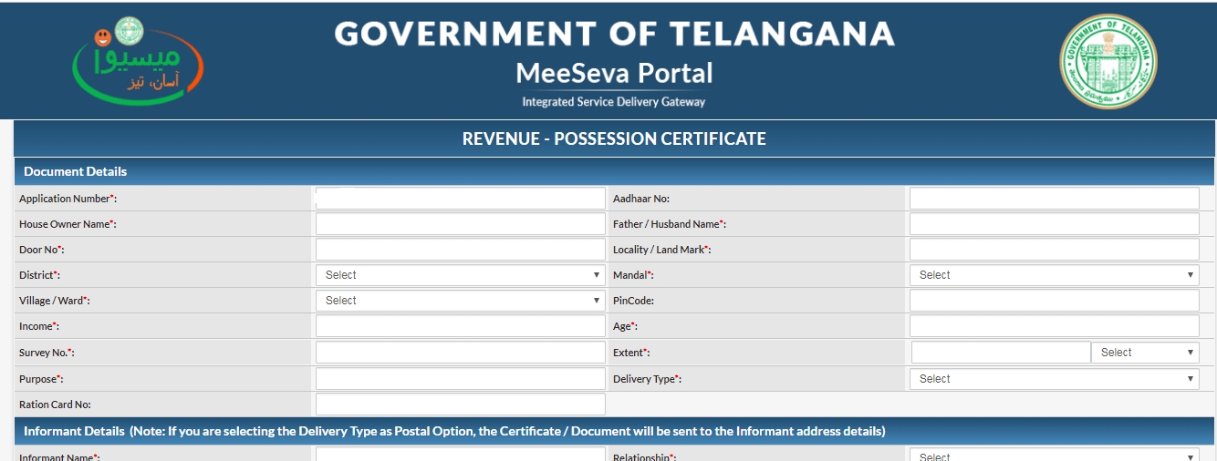  Telangana Meeseva Possession Certiicate Application Form