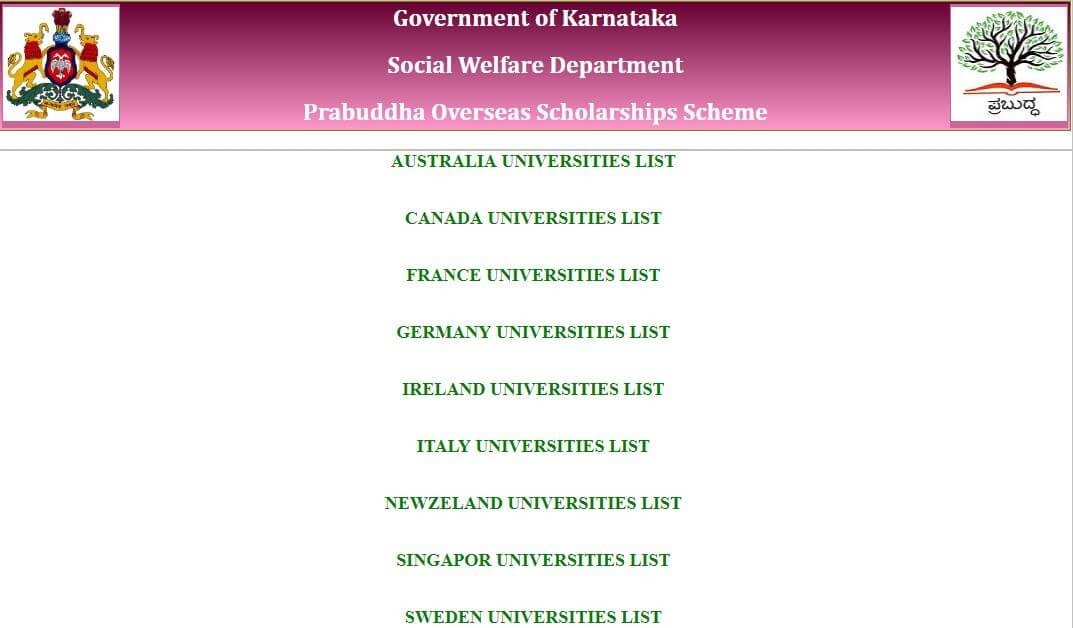Prabbudhha Karnataka Overseas scholarship scheme Study abroad Foreign University Details