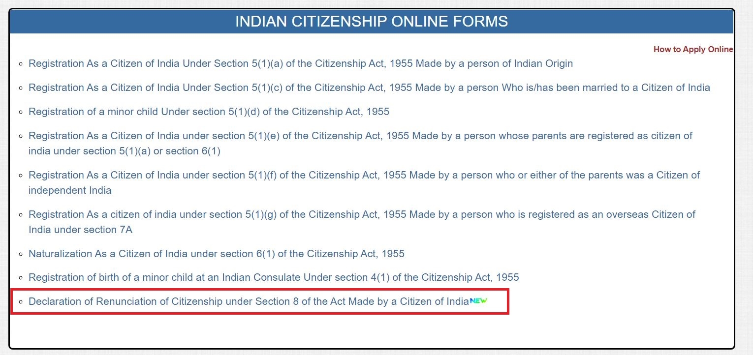 Declaration of Renunciation of Indian Citizenship Application form