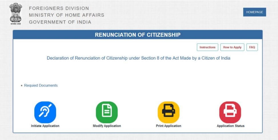 Declaration of Renunciation of Indian Citizenship New Application