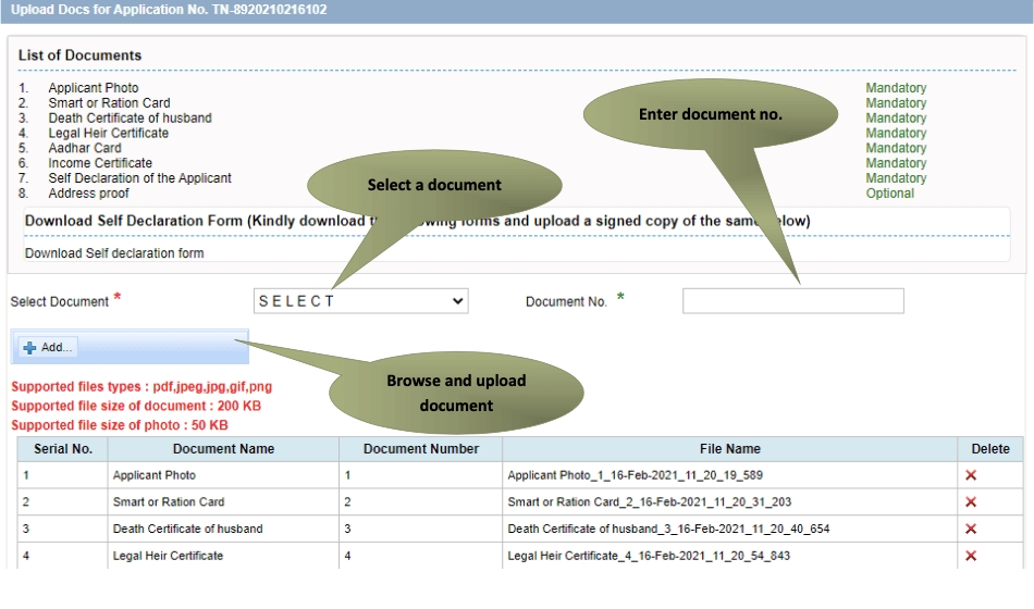 Destitute Widow certificate online application documents