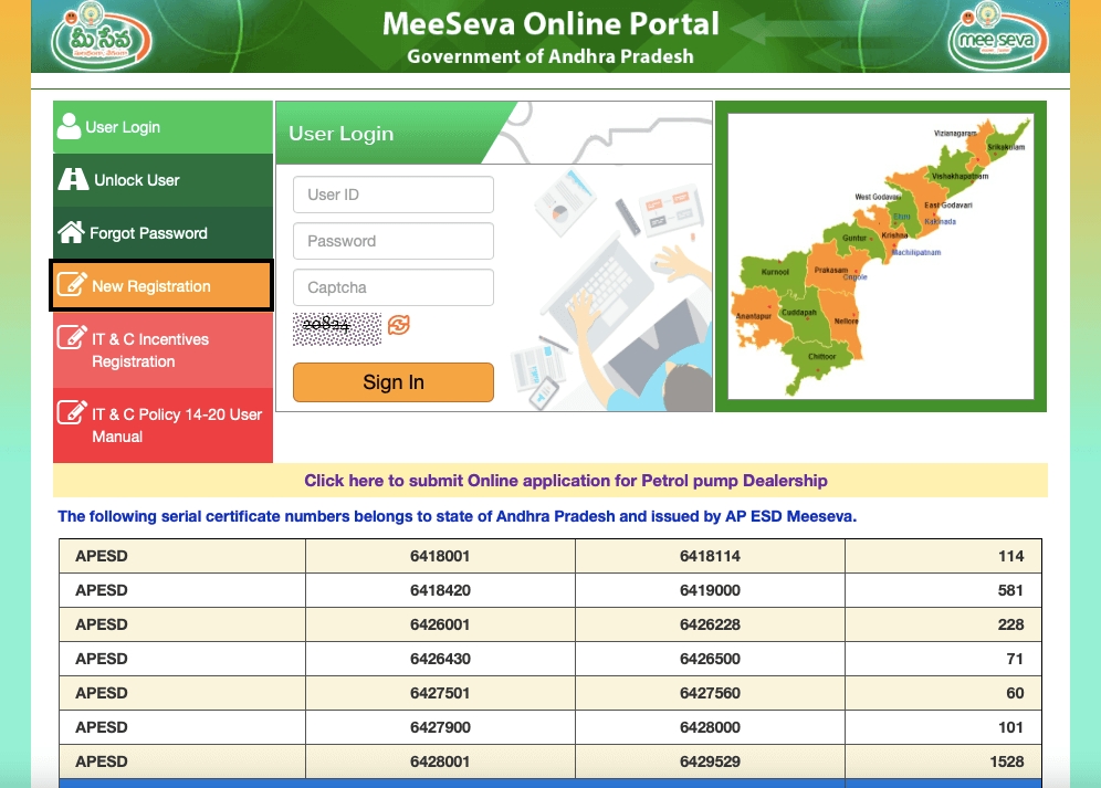 new registration meeseva Andhra Pradesh