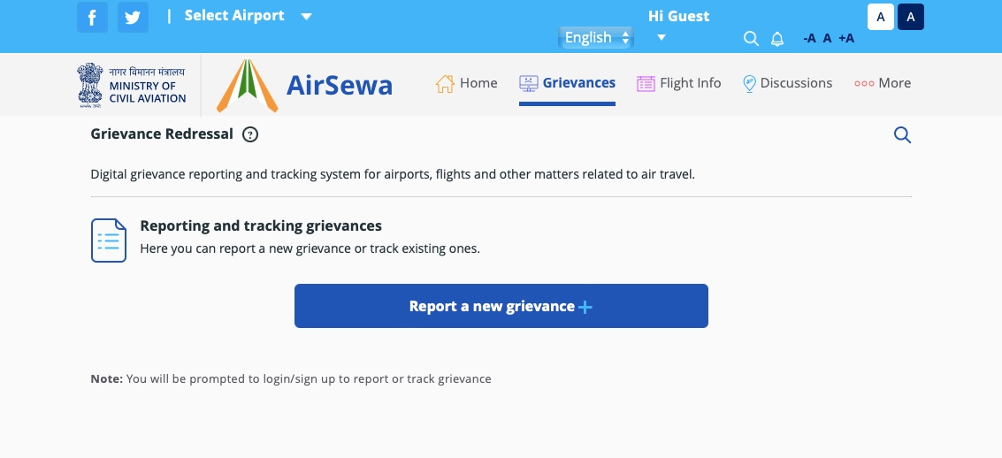 lodge a complaint against airline through the AirSewa portal