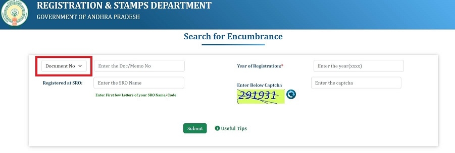 search encumbrance certificate EC in Andhra Pradesh based on Document Number