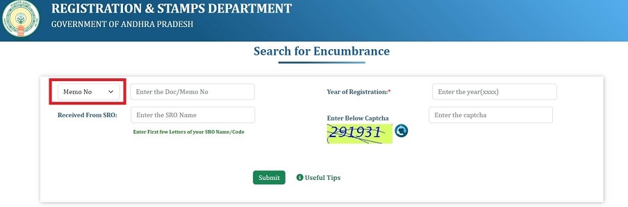 search encumbrance certificate EC in Andhra Pradesh based on Memo