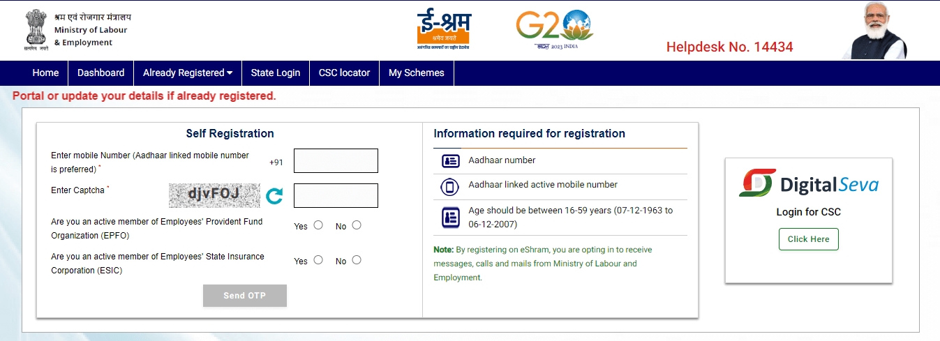 self registration eshram portal