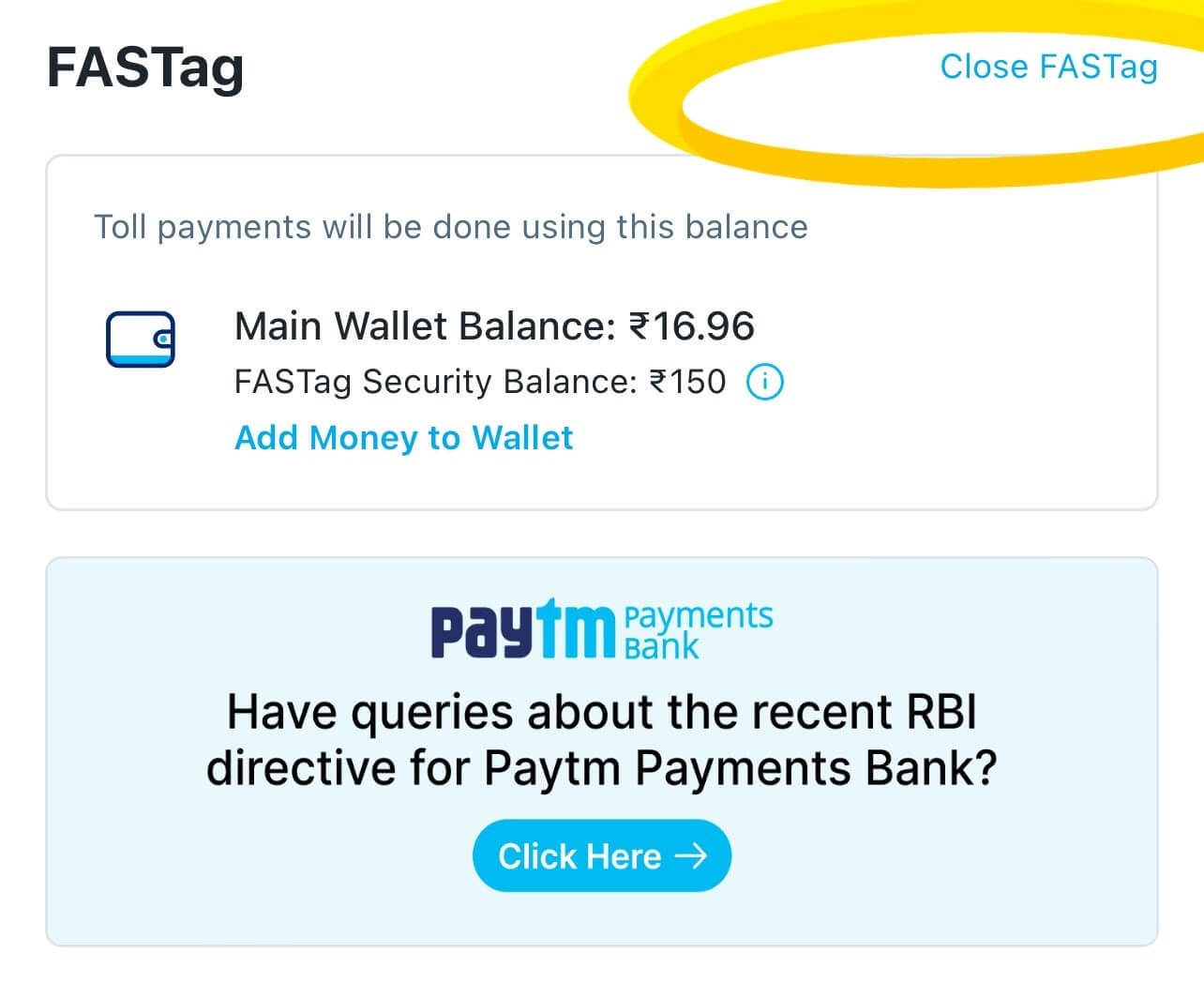 close paytm fastag from paytm app